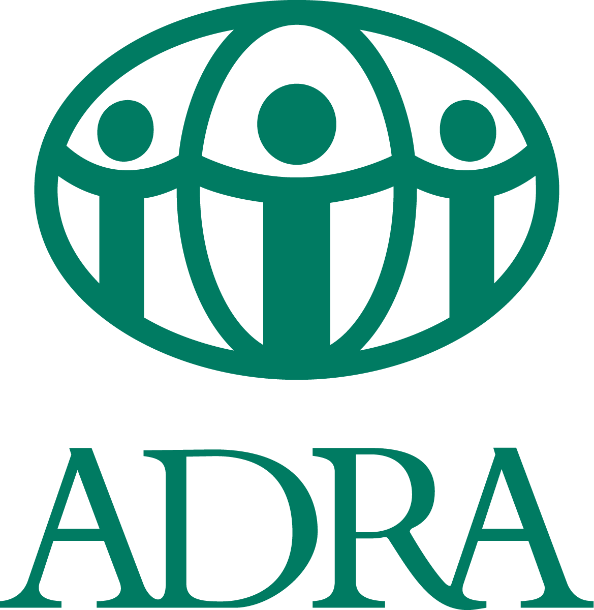 ADRA written in green text, with a green globe that has three icons of people holding hands