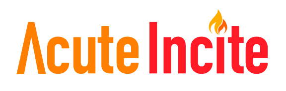 Logo for Acute Incite, with Acute in orange and Incite in red, with a fire flame on top of Incite