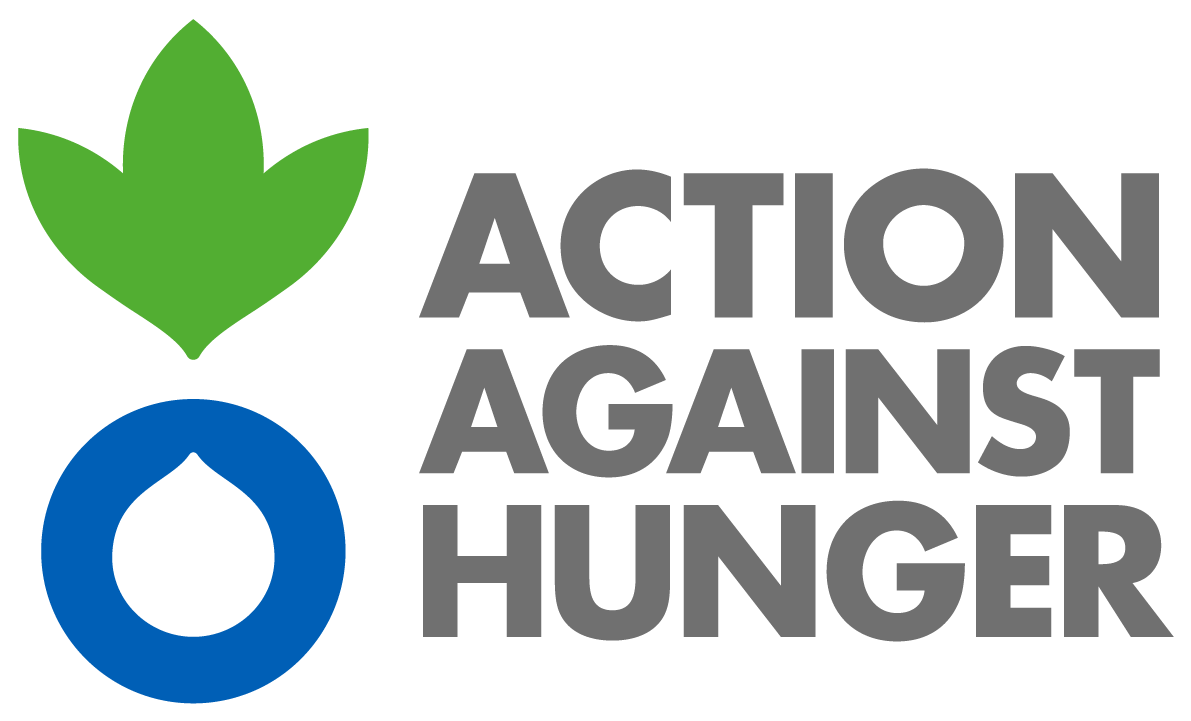 Action Against Hunger in gray lettering, next to a leaf and a waterdrop