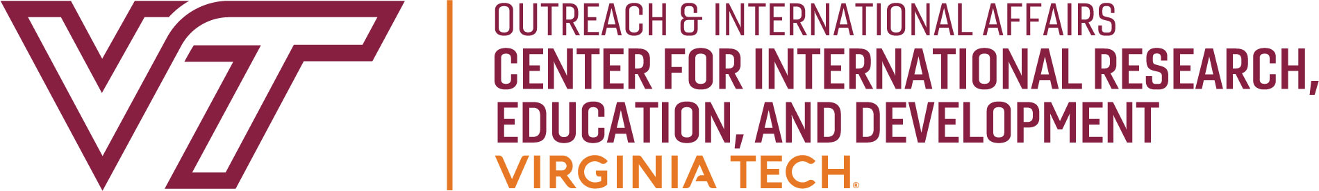 Big magenta letters &quot;VT&quot; and to its right, the words &quot;Center for International Research, Education, and Development&quot; in the same magenta color and &quot;Virginia Tech&quot; in orange