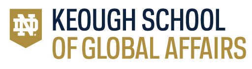 A gold badge with the letters "ND" overlapping and to the right the words "KEOUGH SCHOOL" in blue and "OF GLOBAL AFFAIRS" in yellow.