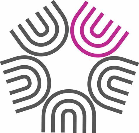4 grey semi ovals with smaller grey semi ovals within them and one pink semi oval with pink semi ovals within them forming the shape of a pentagon.