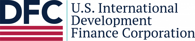 The letters "DFC" in blue and underneath it three horizontal red stripes. To it's right the words "US International Development Finance Corporation"