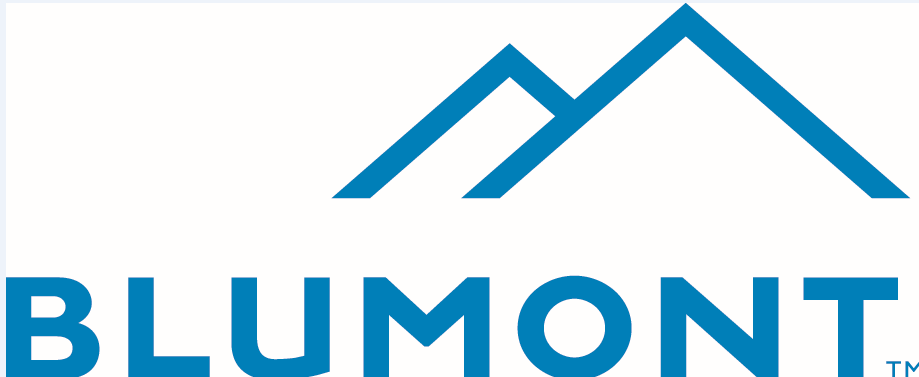 "Blumont" written in blue, with the silhouettes of two pyramids emerging over the right side of the word.