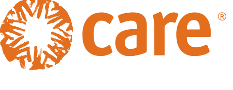 An orange circle made up of hands reaching towards one another followed by the word "care"