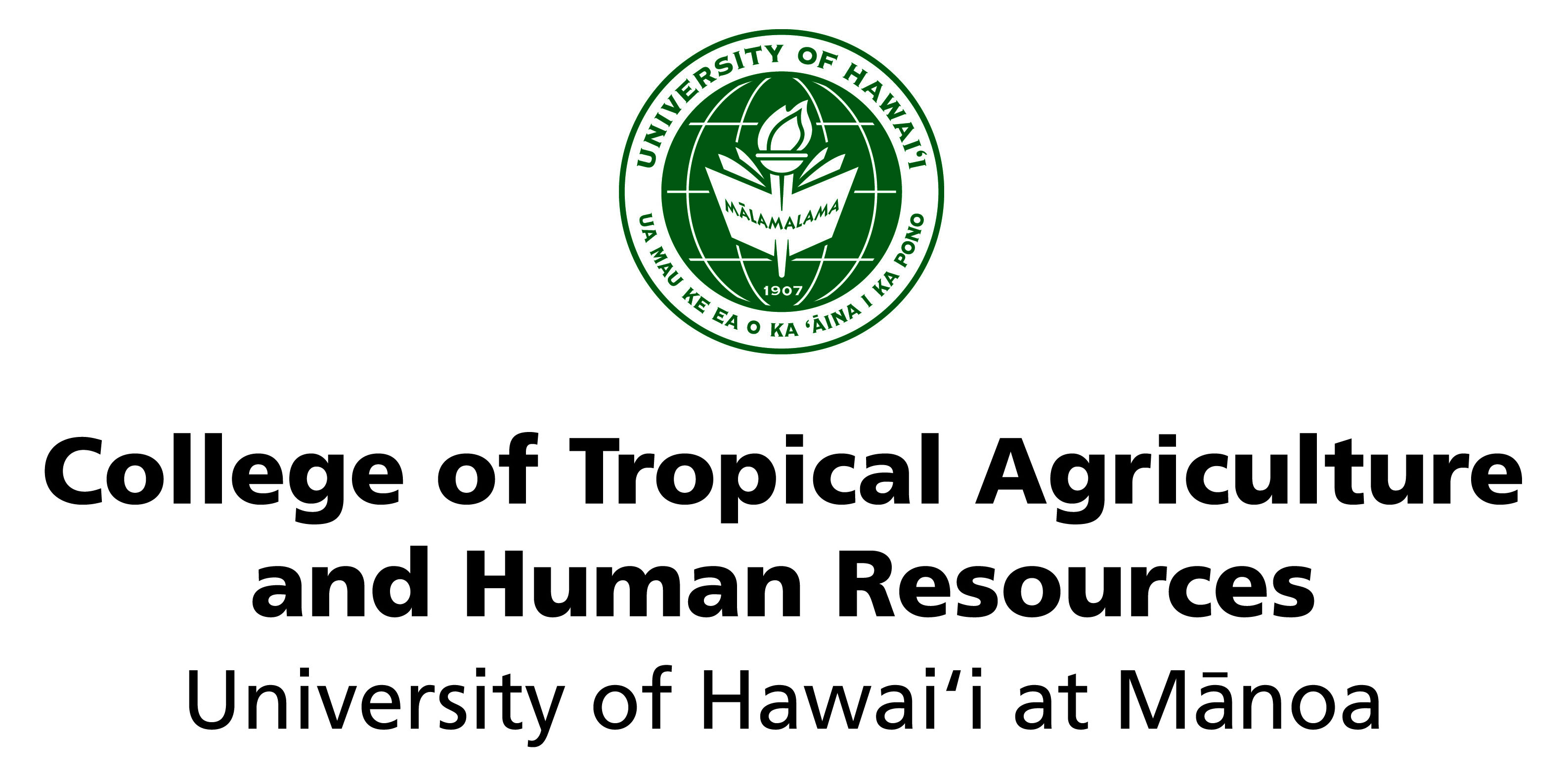 A green and white badge and underneath it the words "College of Tropical Agricultral and Human Resources University of Hawaii at Minoa"
