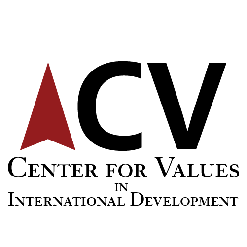 A burgundy arrow pointing up next to "CV" written in black, with the full name "Center for Values in International Development" written below