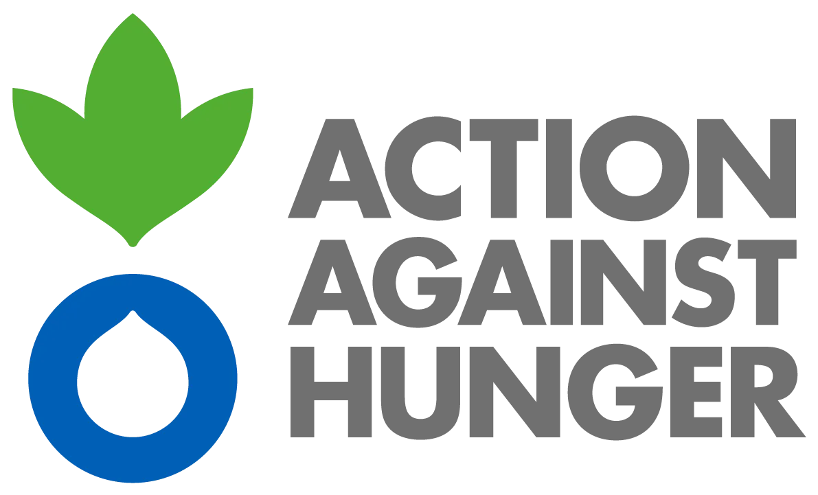 Action Against Hunger in gray lettering, next to a leaf and a waterdrop