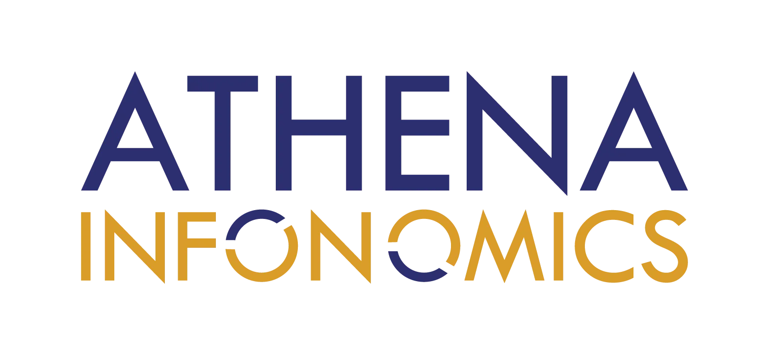 "ATHENA" written in all caps in blue text, "INFONOMICS" written in all caps in yellow text below Athena