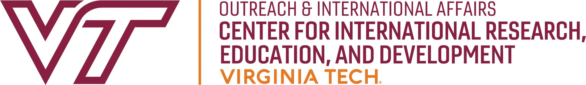 Big magenta letters "VT" and to its right, the words "Center for International Research, Education, and Development" in the same magenta color and "Virginia Tech" in orange