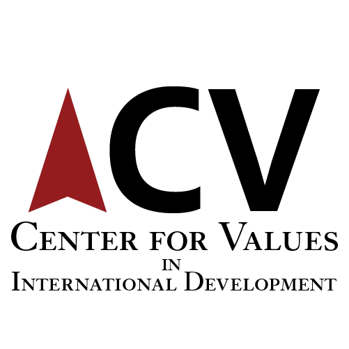 A burgundy arrow pointing up next to "CV" written in black, with the full name "Center for Values in International Development" written below